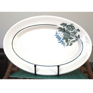 Walker China Oval Serving Platter Vintage Green Floral Restaurant Ware D-50 10in